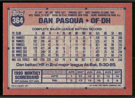 1991 Topps Dan Pasqua Baseball Card #364
