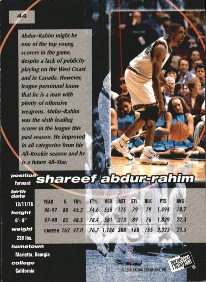 1998 Press Pass Double Threat Shareer Abdur-Rahim Basketball Card #44