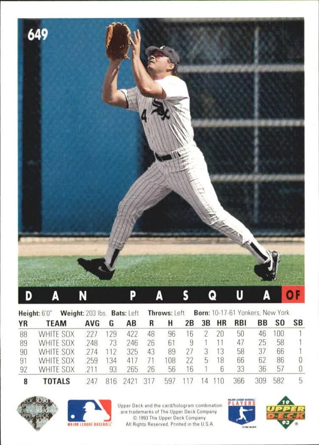 1993 Upper Deck Dan Pasqua Baseball Card #649