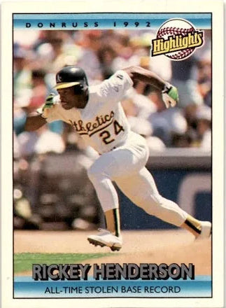 1992 Donruss Highlights Rickey Henderson Breaks Lou Brock's All-Time Stolen Base Record Baseball Card #215