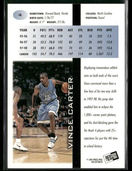 1998 Press Pass Vince Carter Basketball Card #4