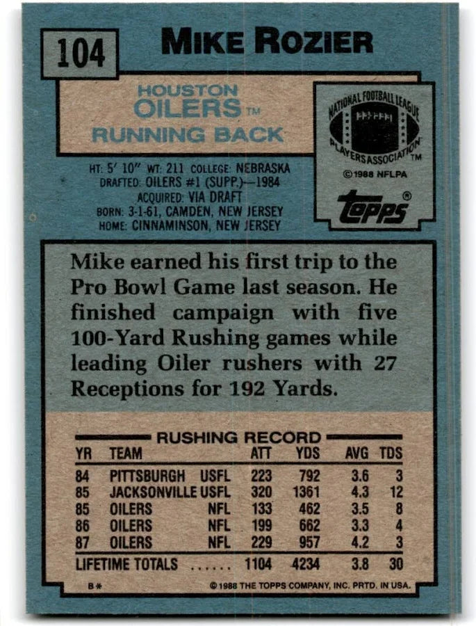 1988 Topps Mike Rozier Football Card #104