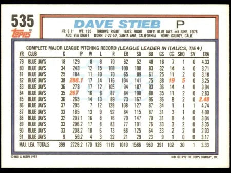 1992 Topps Dave Stieb Baseball Card #535