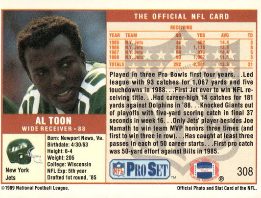 1989 NFL Pro Set Al Toon Football Card #308