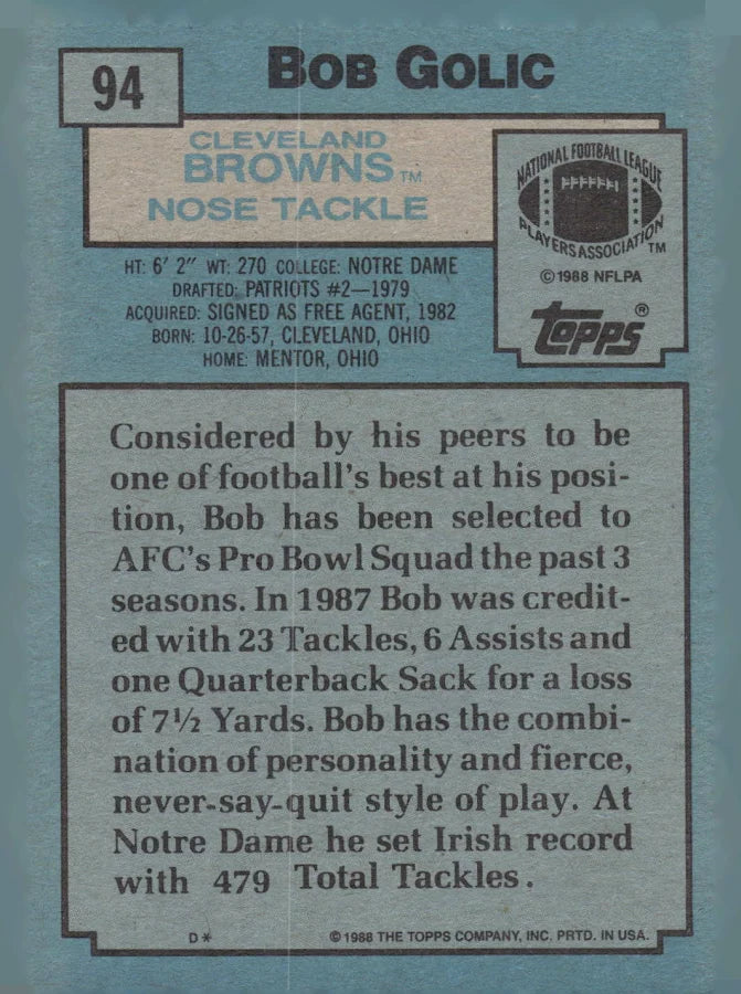 1988 Topps Bob Golic Football Card #94