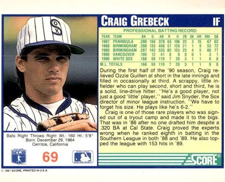 1991 Score Craig Grebeck Baseball Card #69