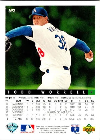1993 Upper Deck Todd Worrell Baseball Card #692