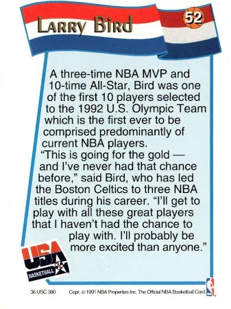 1991 NBA Hoops 1992 USA Basketball Team Larry Bird Basketball Card #52