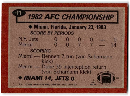 1983 Topps 1982 AFC Championship Miami 14, Jets 0 Football Card #11