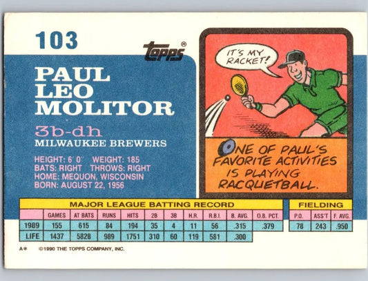 1990 Topps Paul Leo Molitor Baseball Card #103