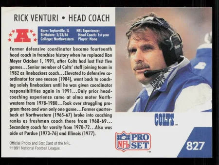 1991 NFL Pro Set Rick Venturi Football Card #827