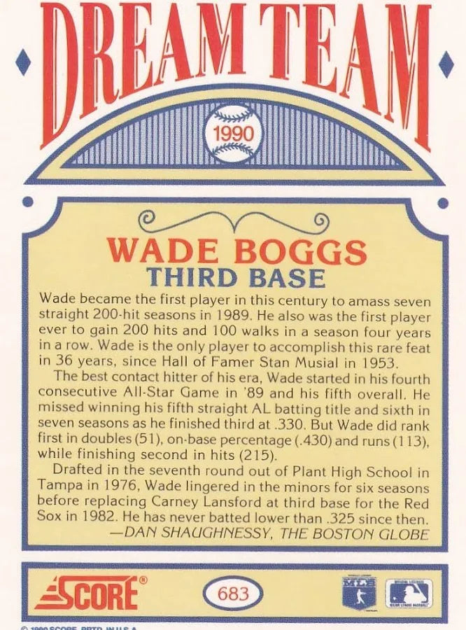1990 Score Dream Team Wade Boggs Baseball Card #683