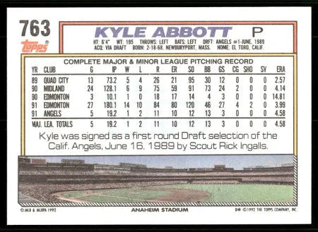 1992 Topps Kyle Abbott Baseball Card #763