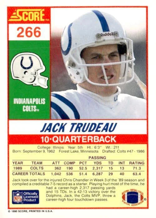 1990 Score Jack Trudeau Football Card #266