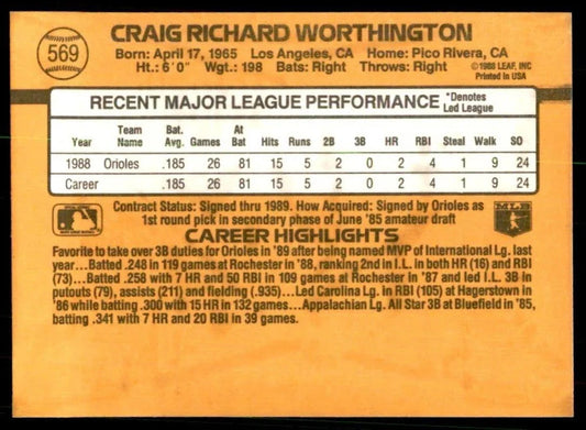 1989 Donruss Craig Richard Worthington Baseball Card #569