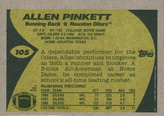 1989 Topps Allen Pinkett Football Card #105