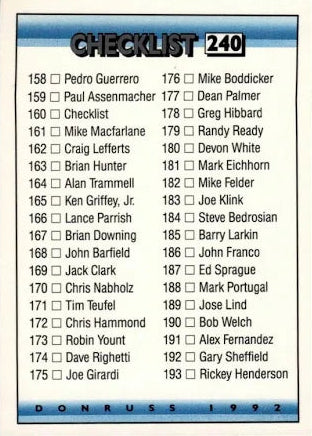 1992 Donruss Checklist Baseball Card #240